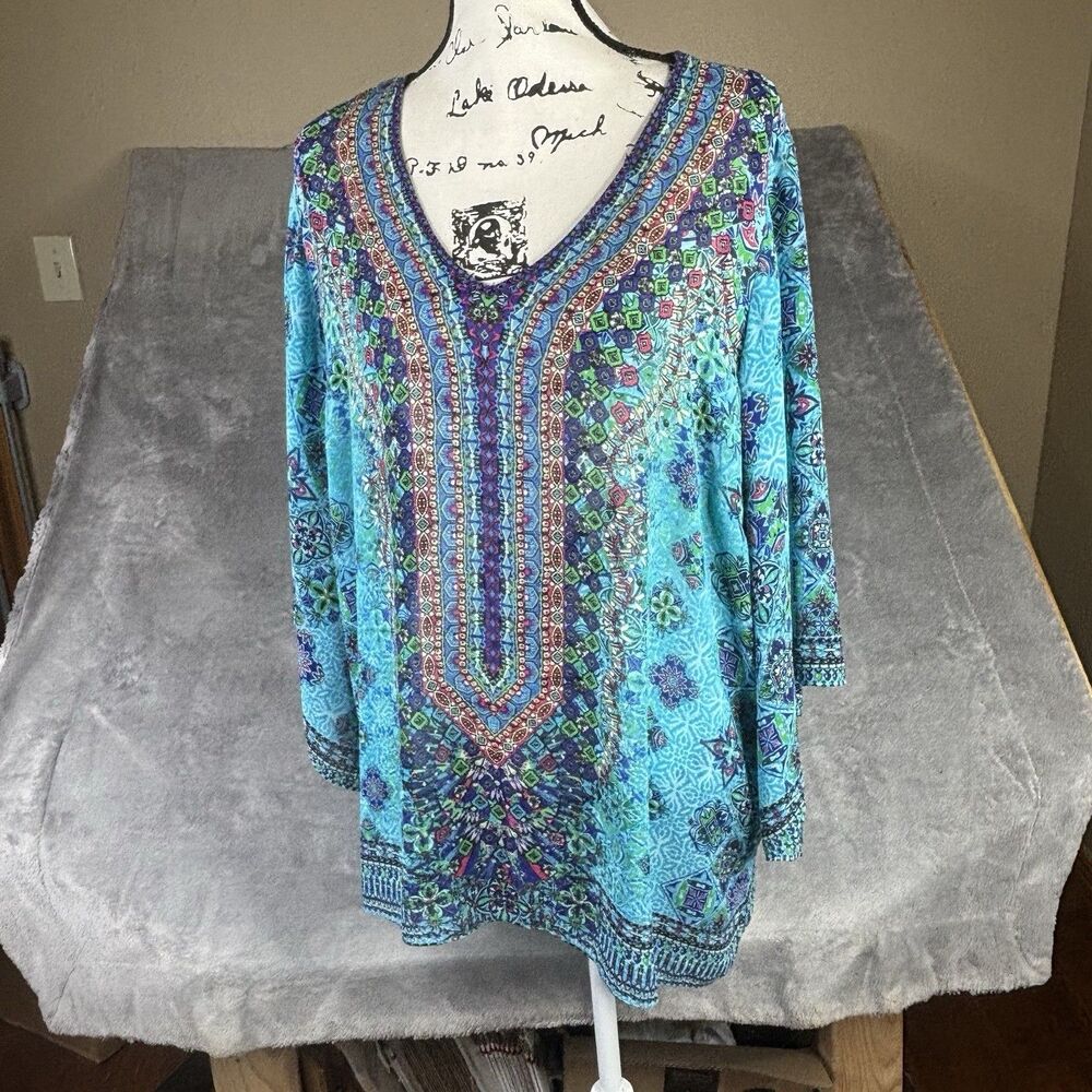 Belle by Kim Graver Top Womens XL Blue Teal V-Neck Bell Sleeve 3/4 Flare‎